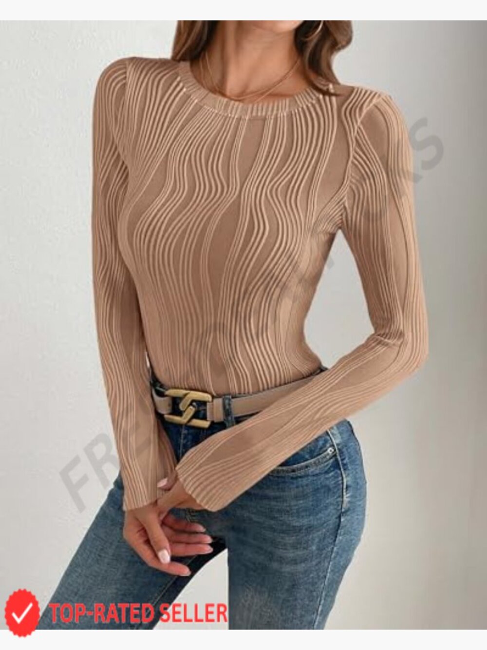 Long Sleeve Crewneck Blouse Fitted Textured Knit T Shirt Y2K Chic Top - Picture 4 of 7
